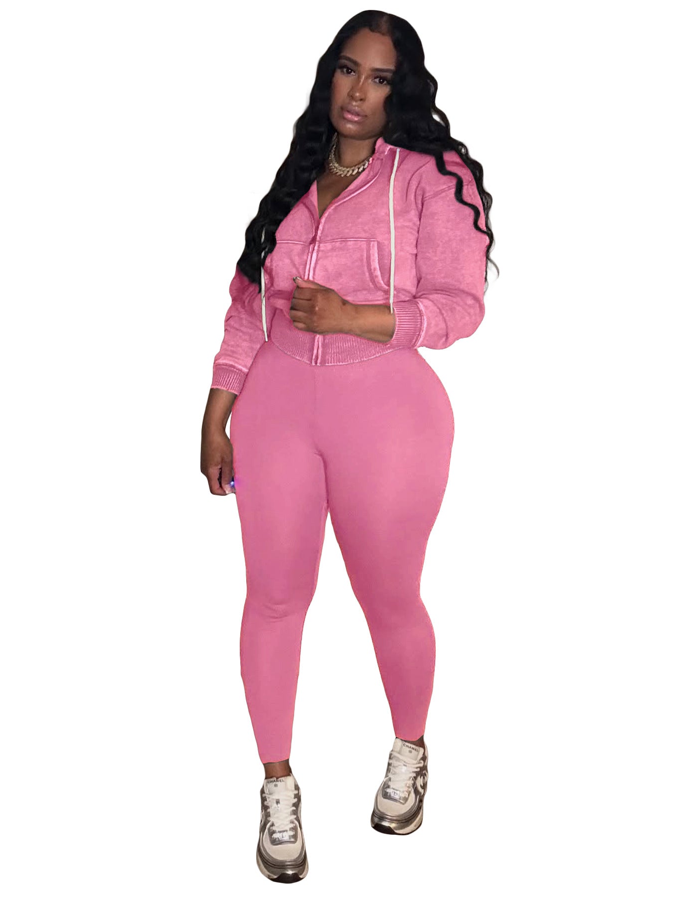 Fashion Women's Washed Zipper Hooded Top Yoga Pants Sport Casual Two-Piece Set 24