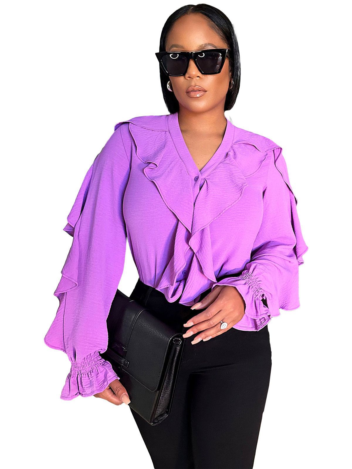 Fashion Solid Irregular Turndown Collar Shirt Top 7