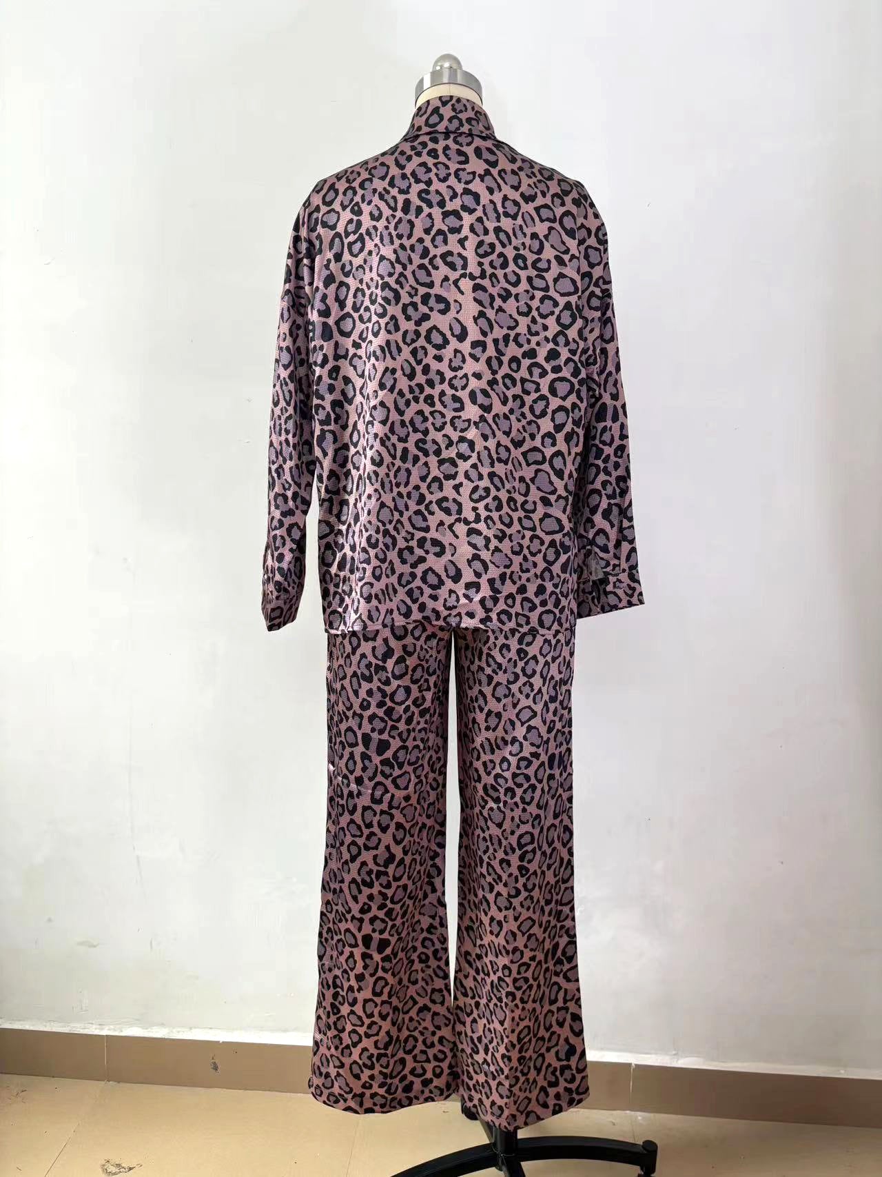 Spring Fashion Casual Women's Leopard Print Long Sleeve Shirt Pants Two Piece Set 17