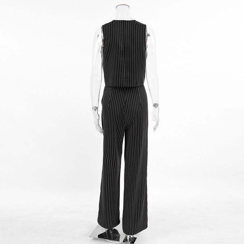 Summer Black And White Striped Chic Career Sleeveless Vest Pants Fashion Two-Piece Set 8