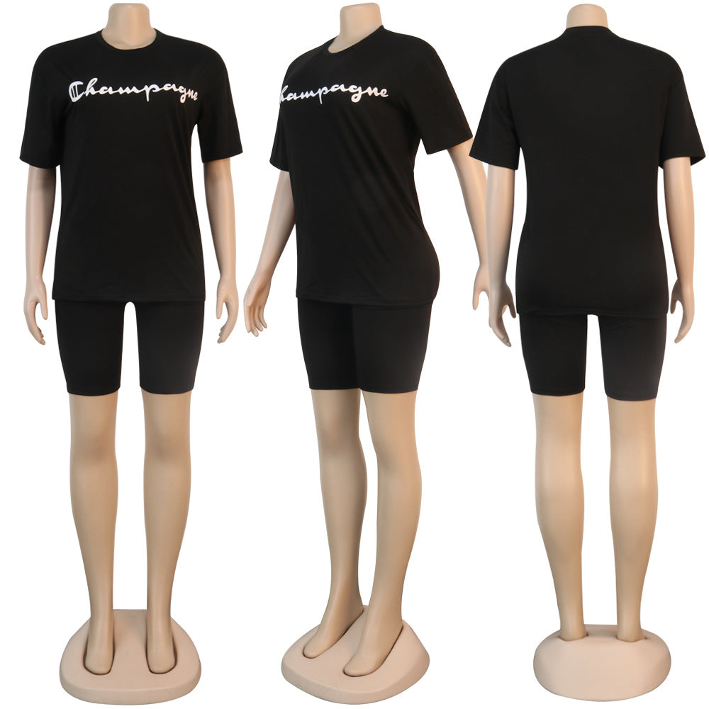 Women Letter Print Short Sleeve Top and Shorts Casual Sports Two-piece Set 15