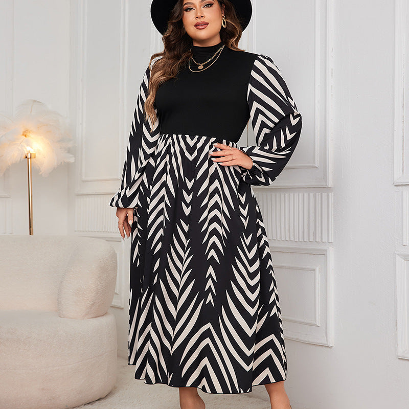 Women Patchwork Long Sleeve Autumn Elegant Puff Sleeve Maxi Dress 5