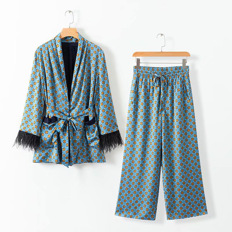 Summer Plume Drape Casual Blazer Print Drape Wide-Leg Pants Set 3