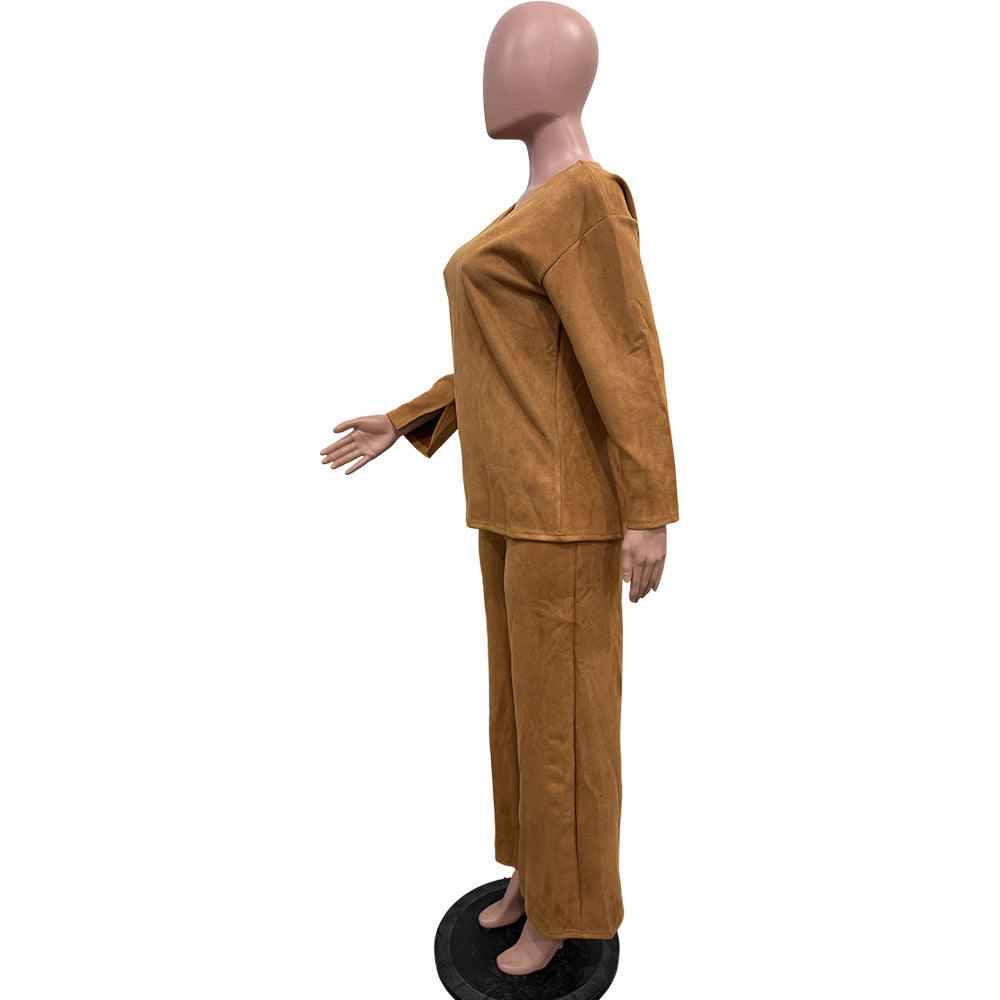 Women Solid Long-Sleeved Slit Two-Piece Set 12