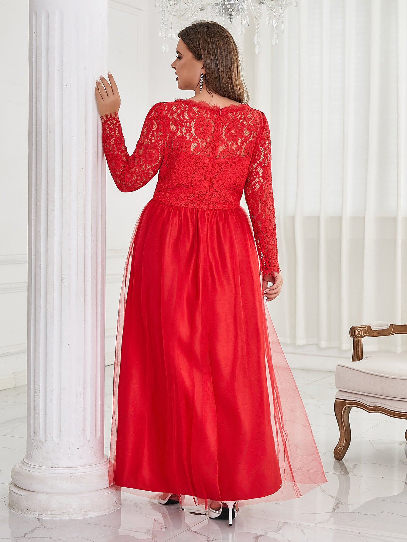 Plus Size Women Solid V-neck Long Sleeve Elegant Mesh Maxi Dress 3