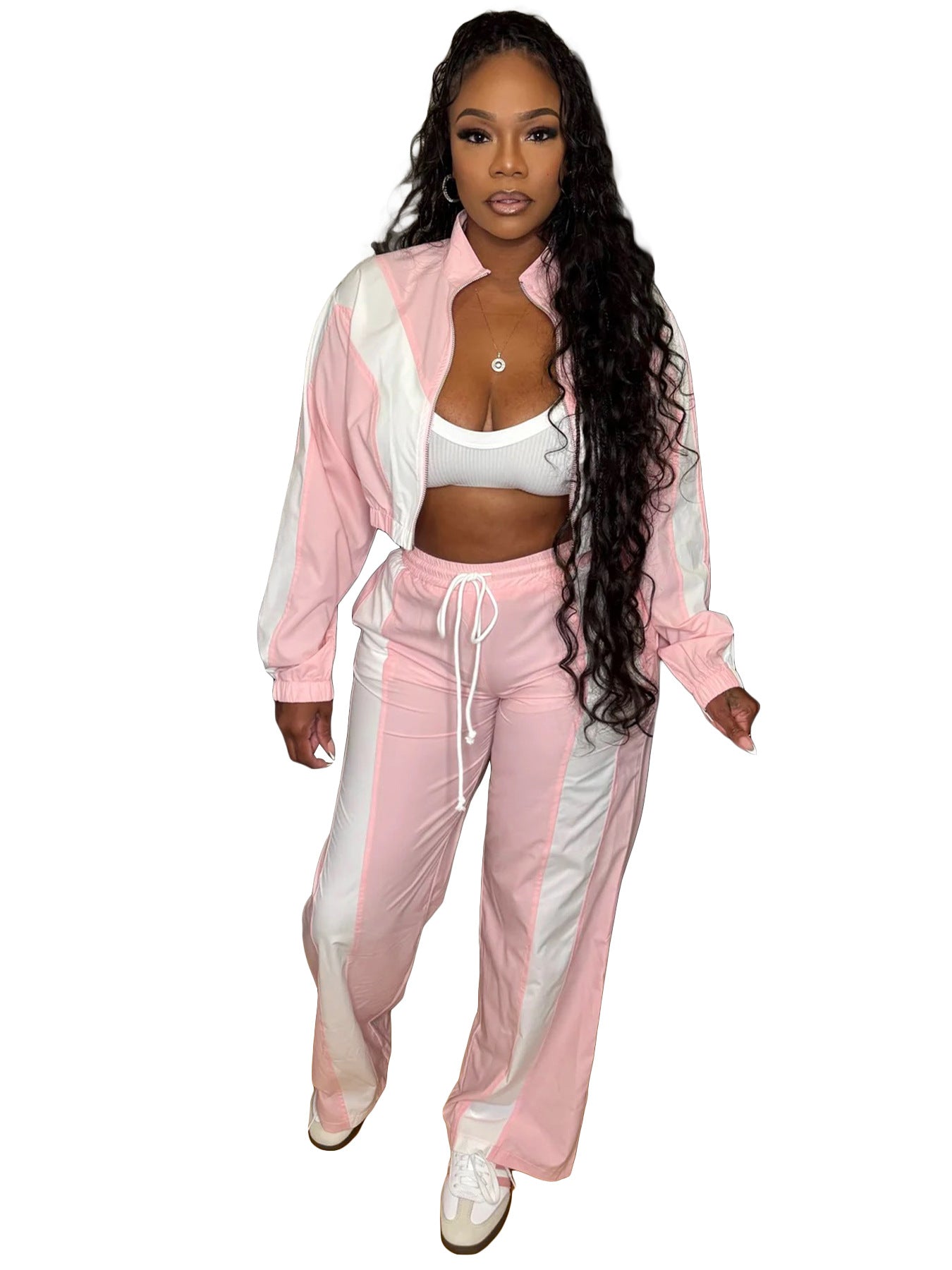 Women's Fashion Color-Blocking Zipper Cardigan Wide-Leg Drawstring Sport Pants Two-Piece Set 14