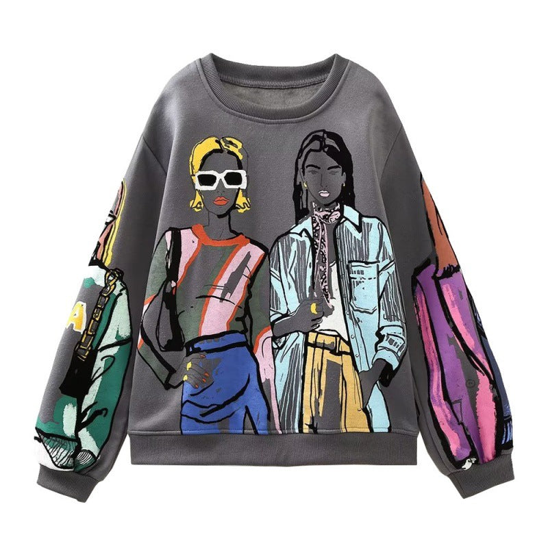 Autumn And Winter Women's Warm Fleece Round Neck Loose Printed Sweatshirt 4