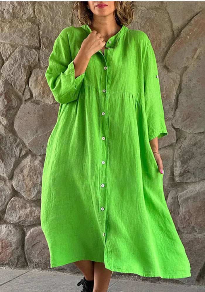 Women's Linen Solid Color Casual Stand Collar Button Long Dress