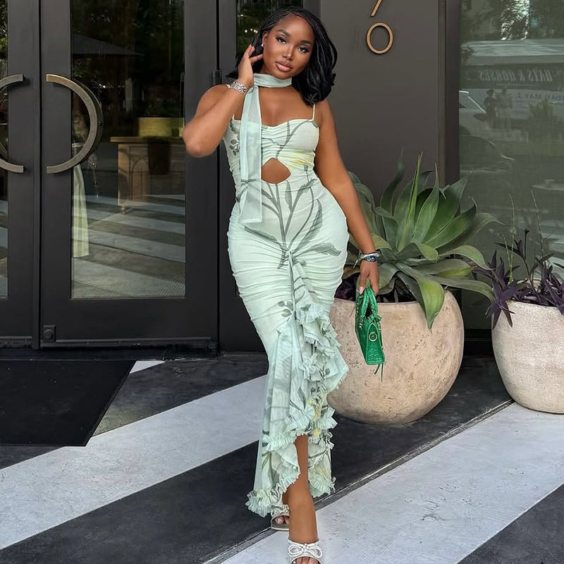 Women printed elegant ruffled Bodycon suspender sleeveless dress 4