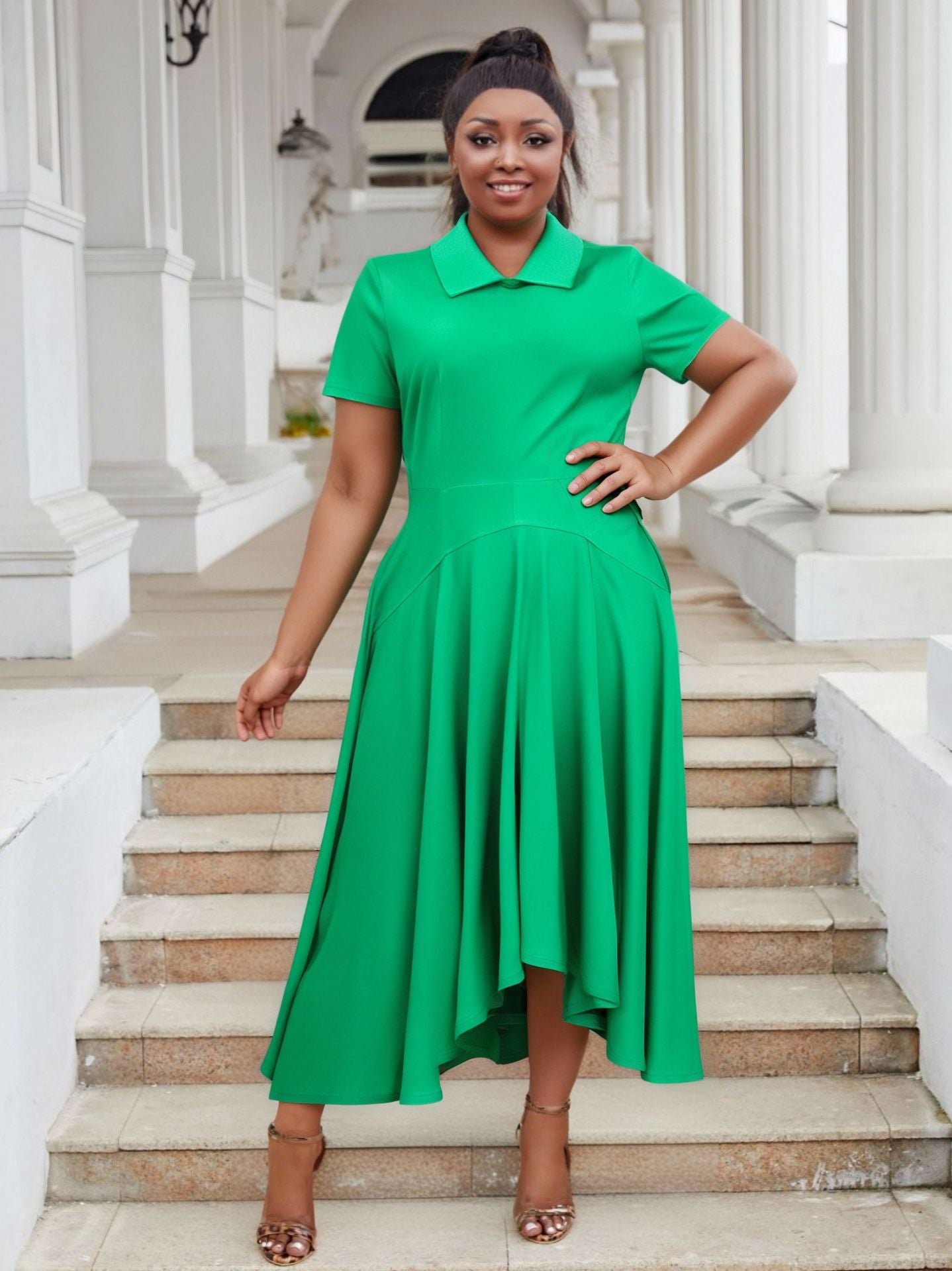 Plus Size Women Turndown Collar Irregular Elegant Dress 15