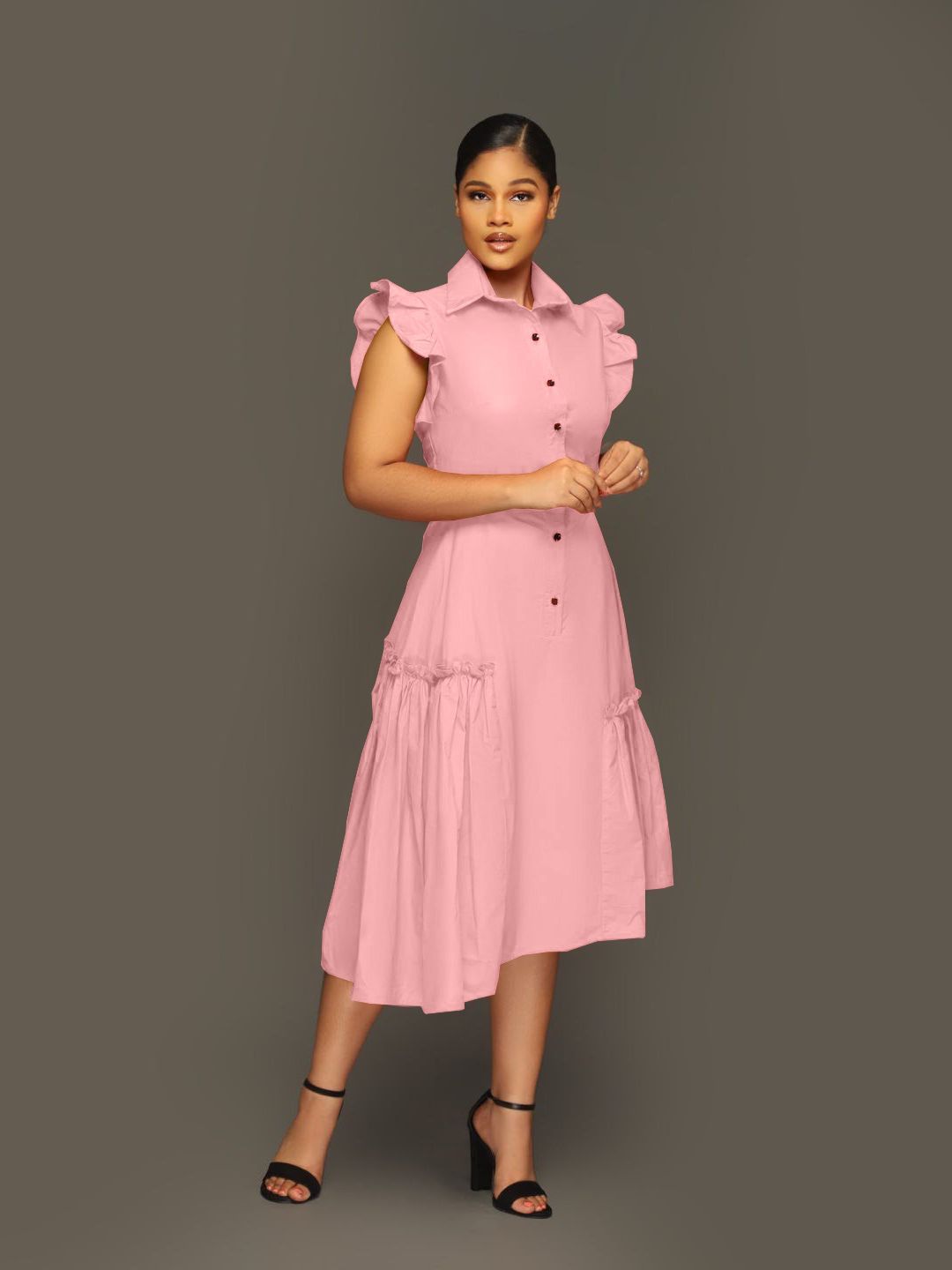 Trendy Shirt Collar Irregular Ruffle Edge Swing Dress 7