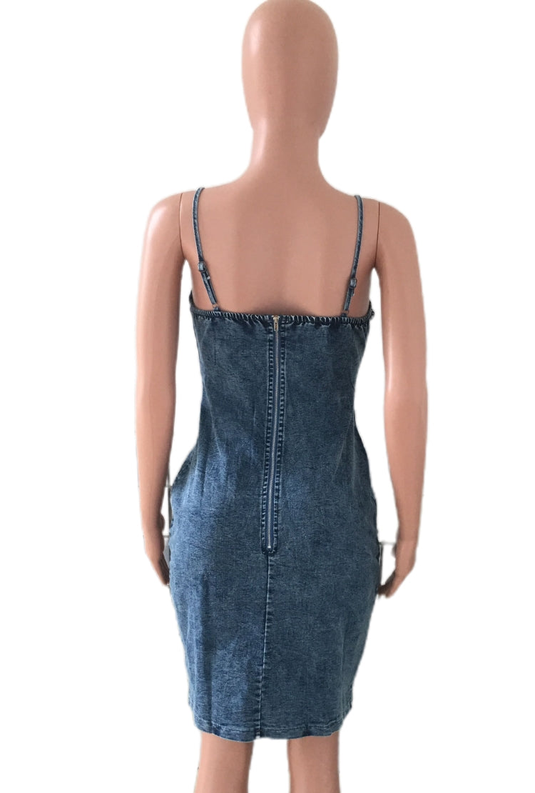 Summer Casual Blue Lace Up Strap Bodycon Denim Dress 5