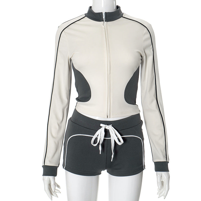 Women Stand Collar Fitness Sports Top and Shorts Two-Piece Set 6