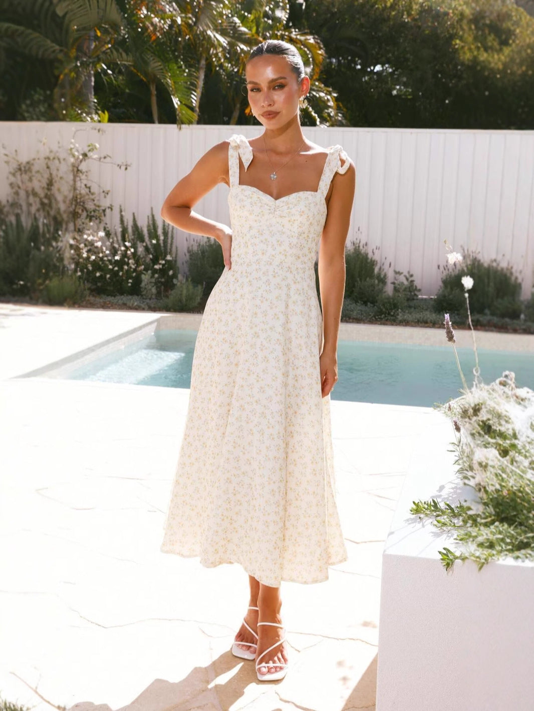 Women's Summer Floral Print Lace-Up Strap Holiday Dress 5