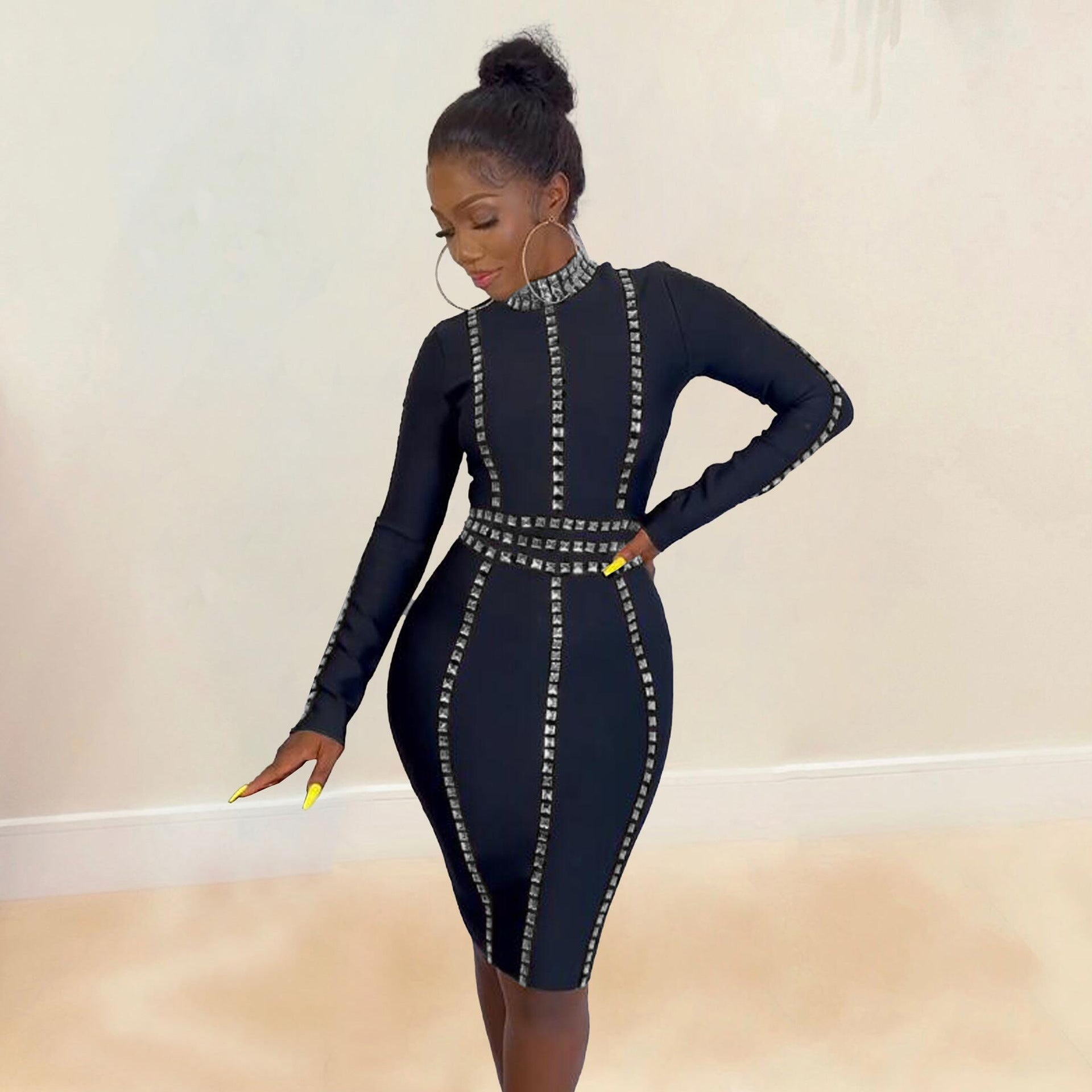 Women Sexy Beaded Stretch Bodycon Long Sleeve Dress