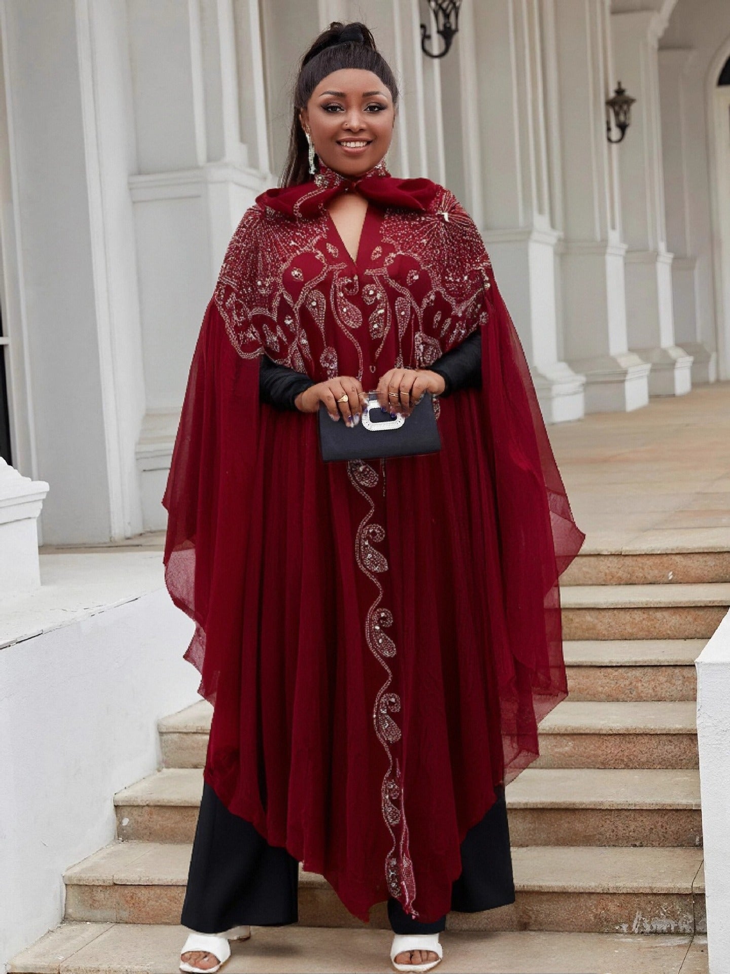 Women Bat Sleeves See-Through Mesh Beaded Beaded Cape Hooded Cape Dress 8