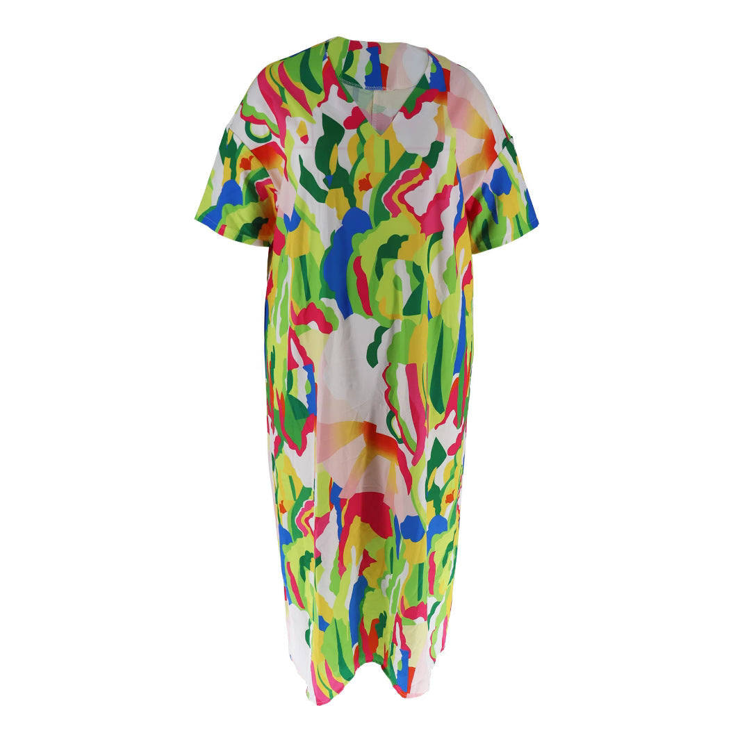 Multi-Color Printed V-Neck Loose Holidays Long Dress 3