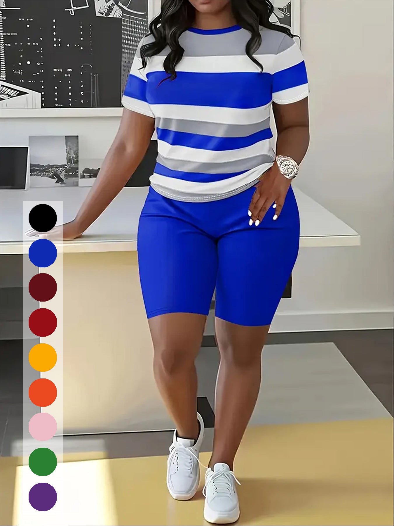 Women's Striped Print Short-Sleeve Sporty Two-Piece Shorts Set 8