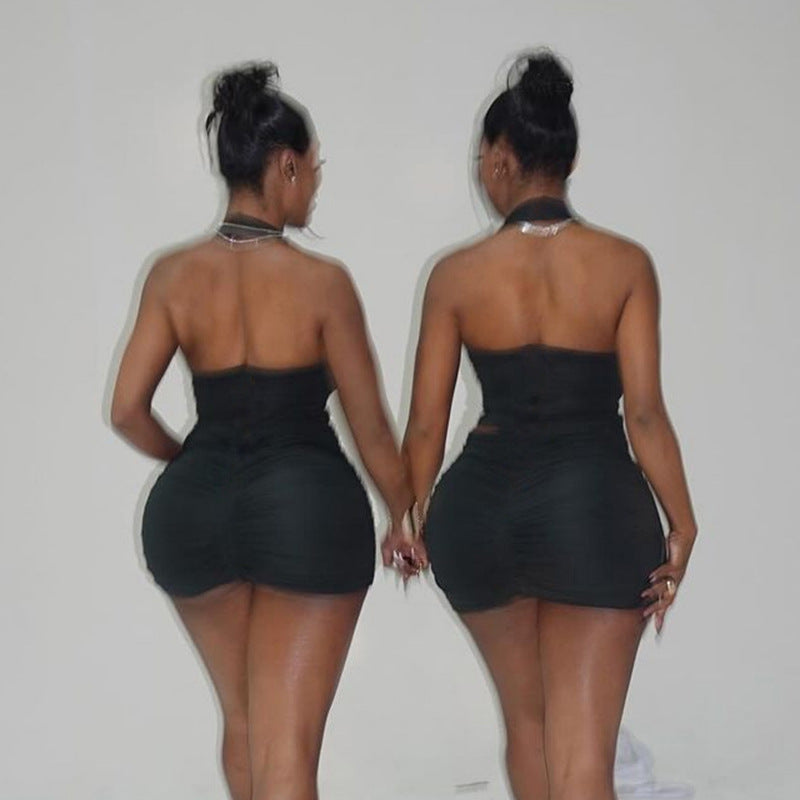 Women sexy Halter Neck Heart Print Metal button hollow sexy dress 3