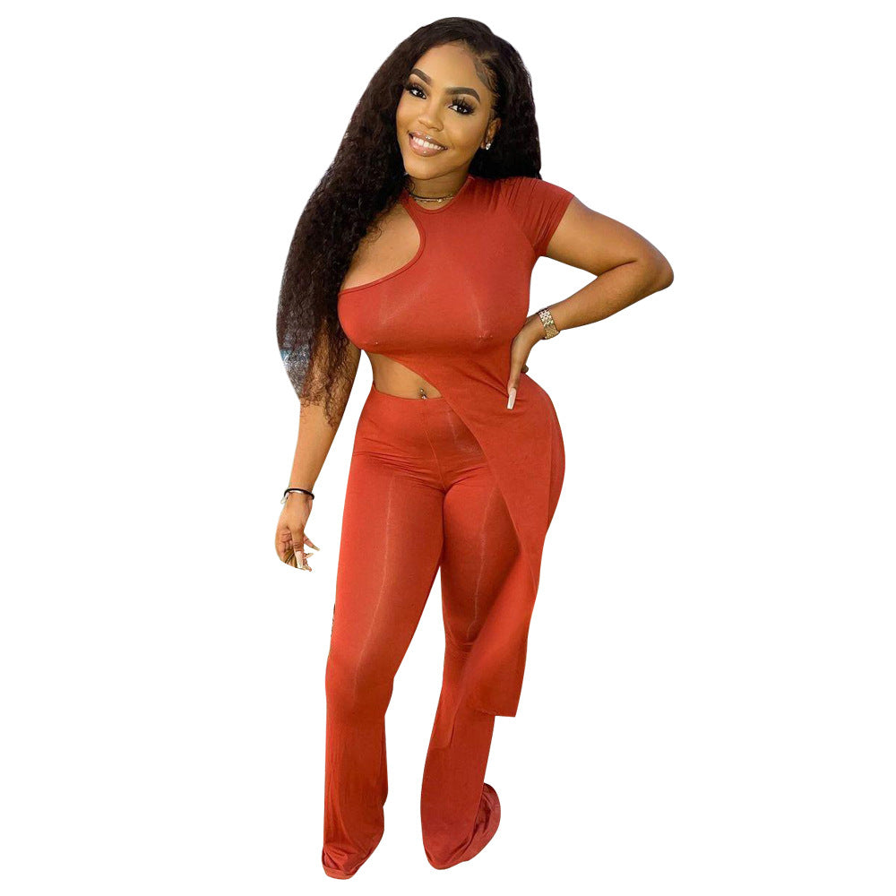 Women sexy asymmetrical Solid Top and Pant two-piece set 5