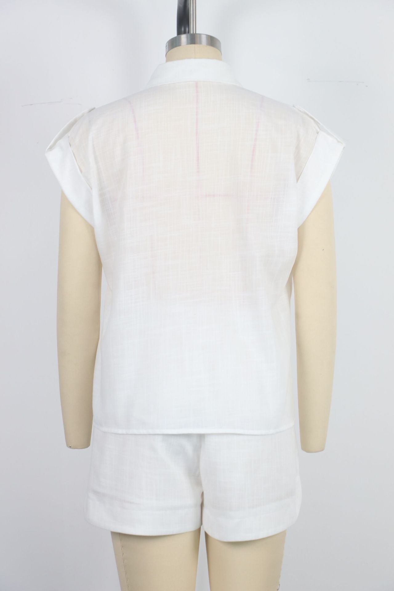 Women roll-up sleeve pocket casual shirt and shorts two-piece set 14