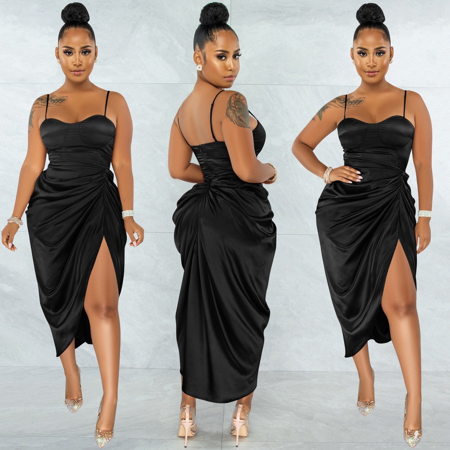 Women sexy split backless bodycon pleated solid strap dress 9