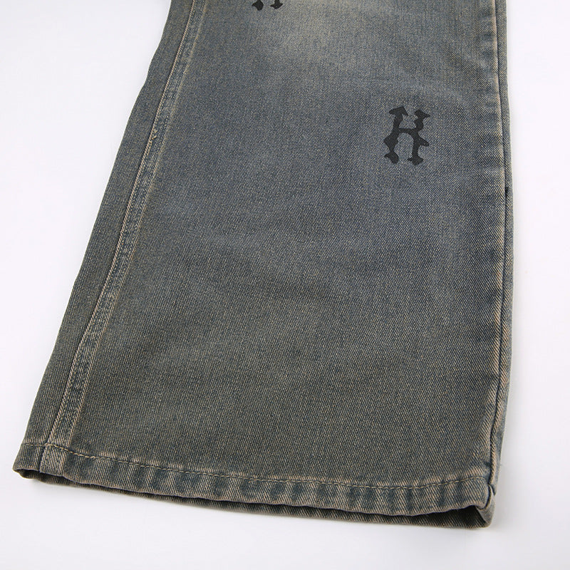 Women Loose Printed Denim Wide Leg Pants 19