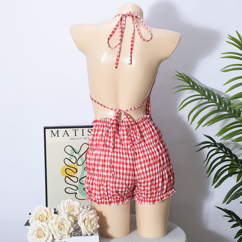Summer Lace-Up Plaid  Two Piece Shorts Set 8