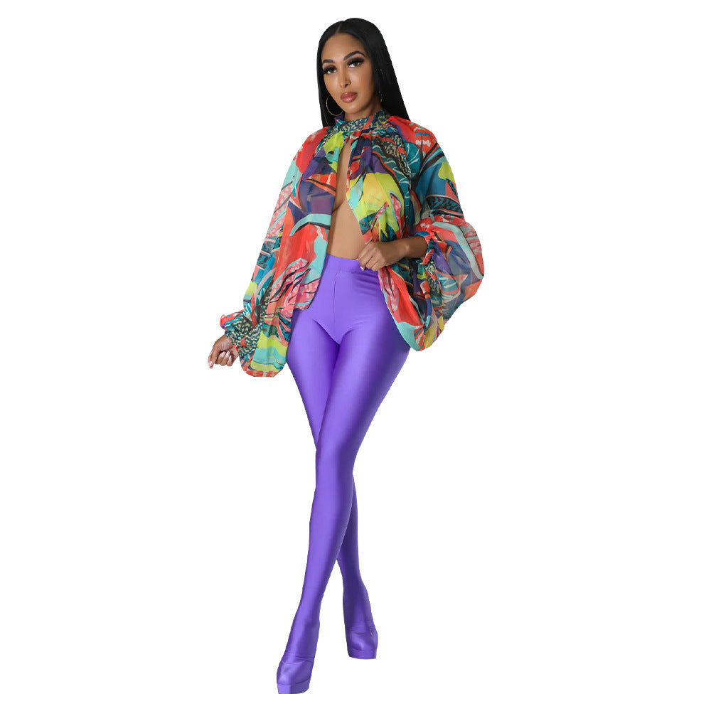 Women's Summer Lace-Up Printed Chiffon Shirt Bat Sleeves Top 22