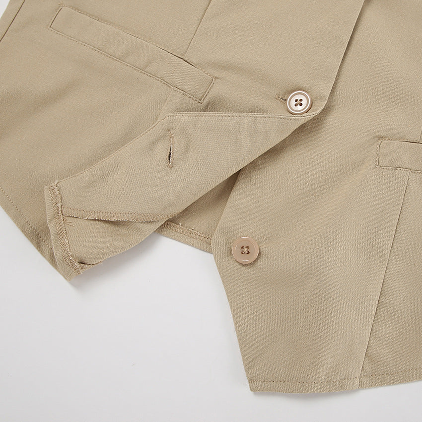 Spring Summer Linen Sleeveless Slash Shoulder Vest Wide Leg Pants Fashionable Two-Piece Set 14