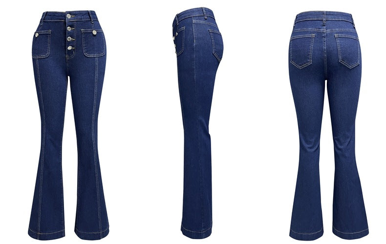 Spring Buttoned Slim Fit Women's High Waist Flare Denim Pants 11