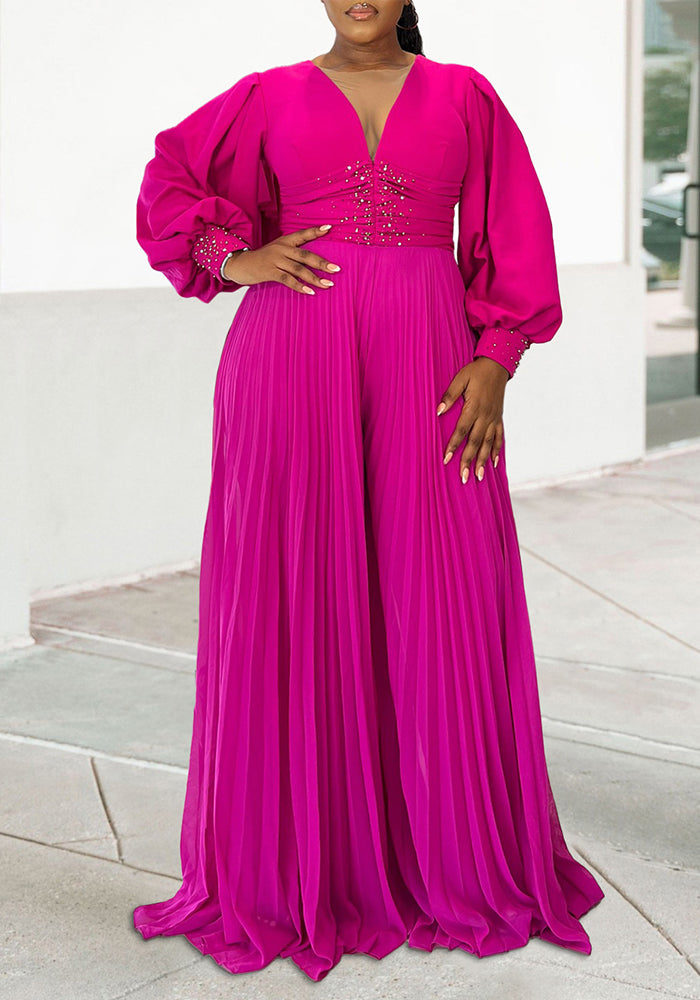 Plus Size Women's Autumn And Winter Long Sleeve Beaded Sexy Wide Leg Pleated Africa Jumpsuit