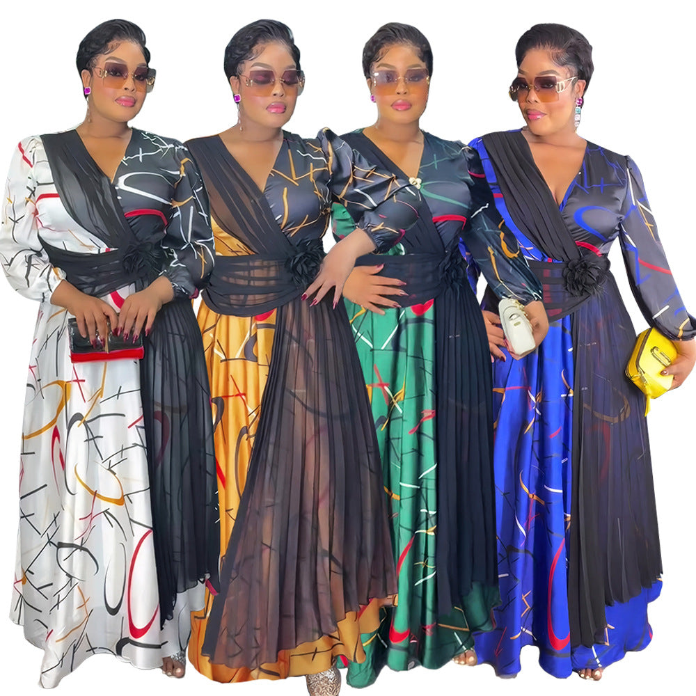 Africa Women's Muslim Color Block Print Plus Size Long Dress 13