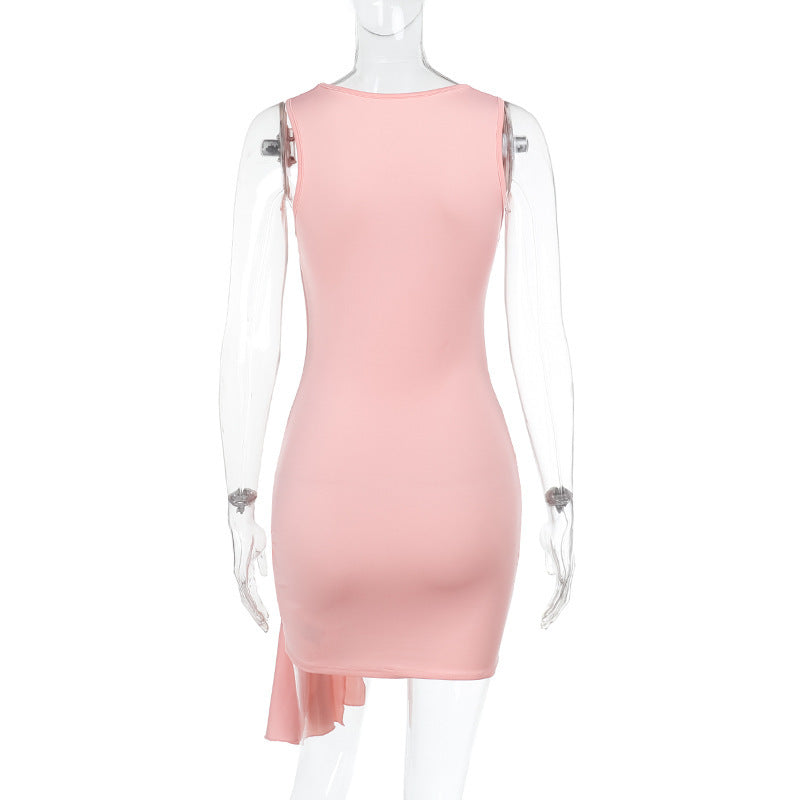 Women Spring Summer Sexy Gathered Ribbon Solid Dress 7