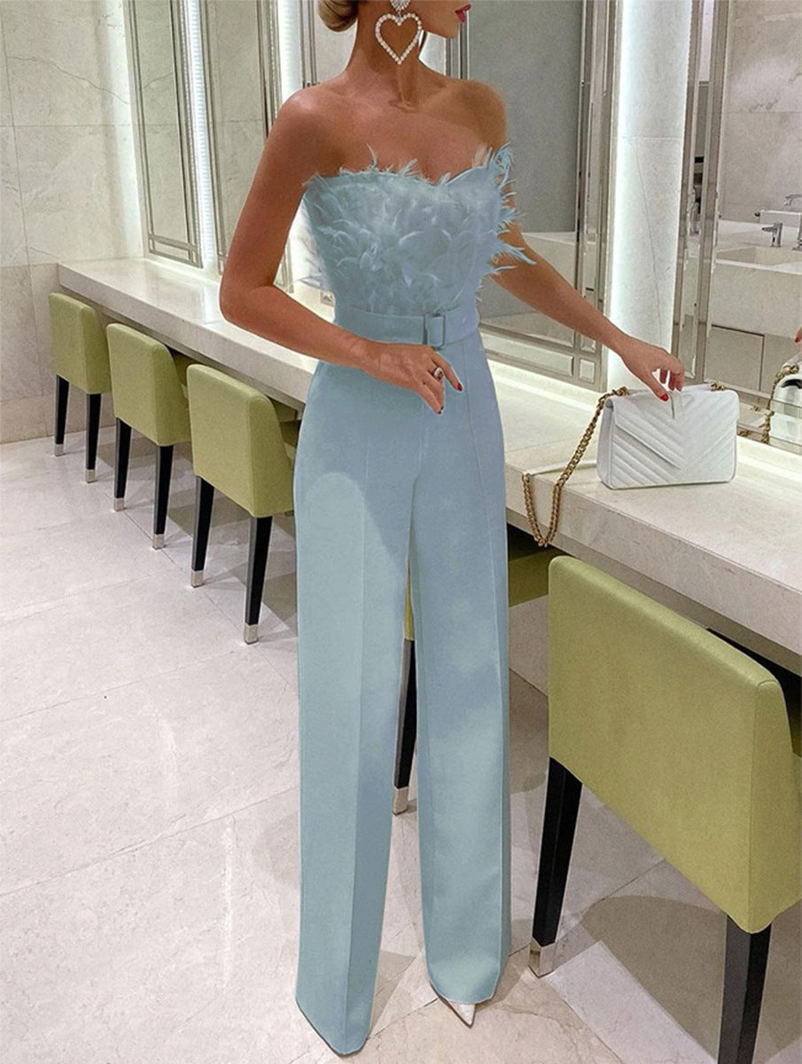 Spring Summer Feather Strapless Sexy Fashion Jumpsuit 4