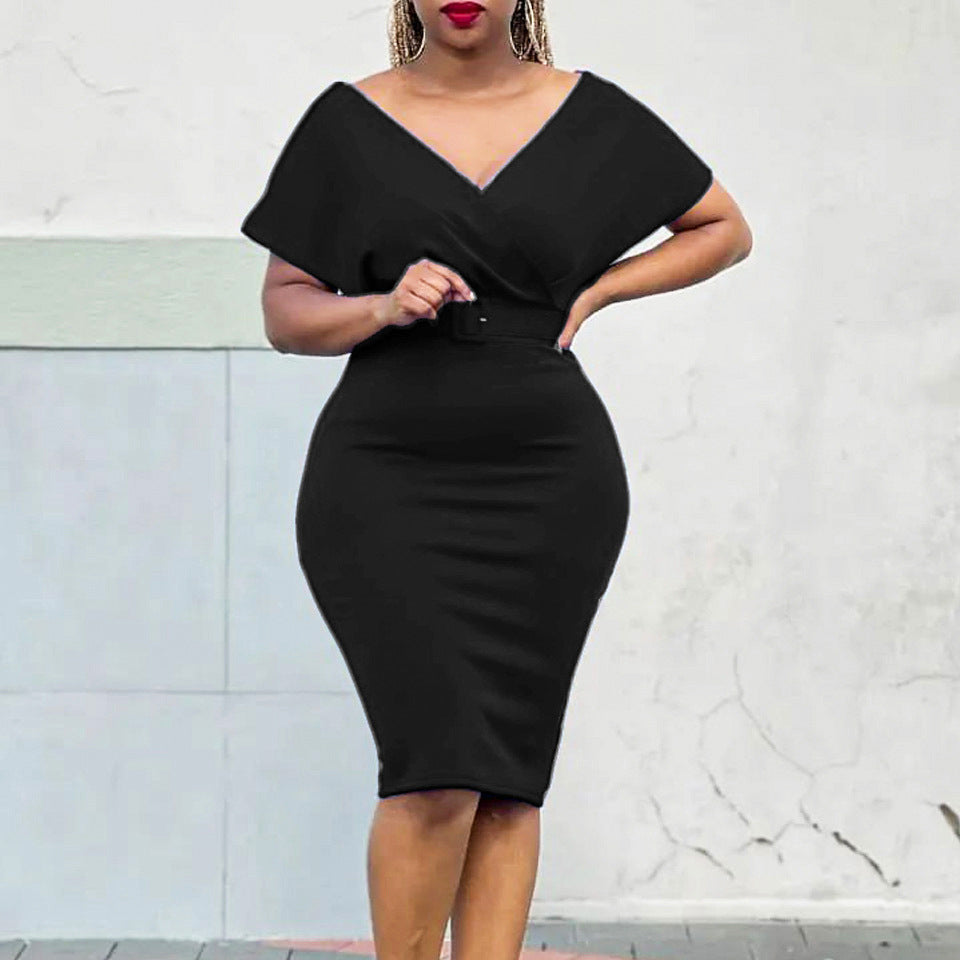 Plus Size Women V Neck Bodycon Stretch Africa Dress with Belt 5