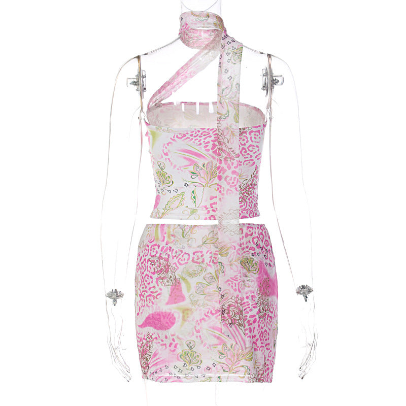 Women's Spring Summer Street Style Halter Neck Tank Top Short Bodycon Print Dress Two-Piece Set 6