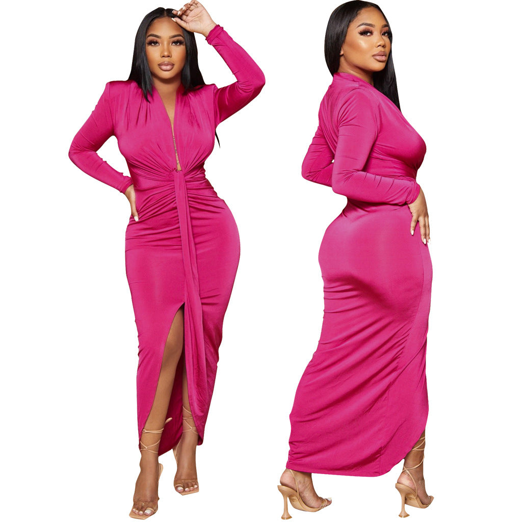 Women Sexy Deep V Neck Belt Slit Dress 5