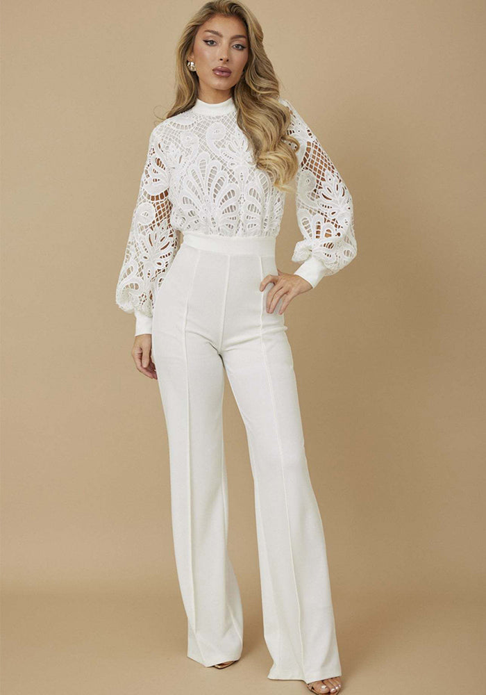 Women's Style Lace Trim Patchwork Long Sleeve Casual Wide-Leg Jumpsuit