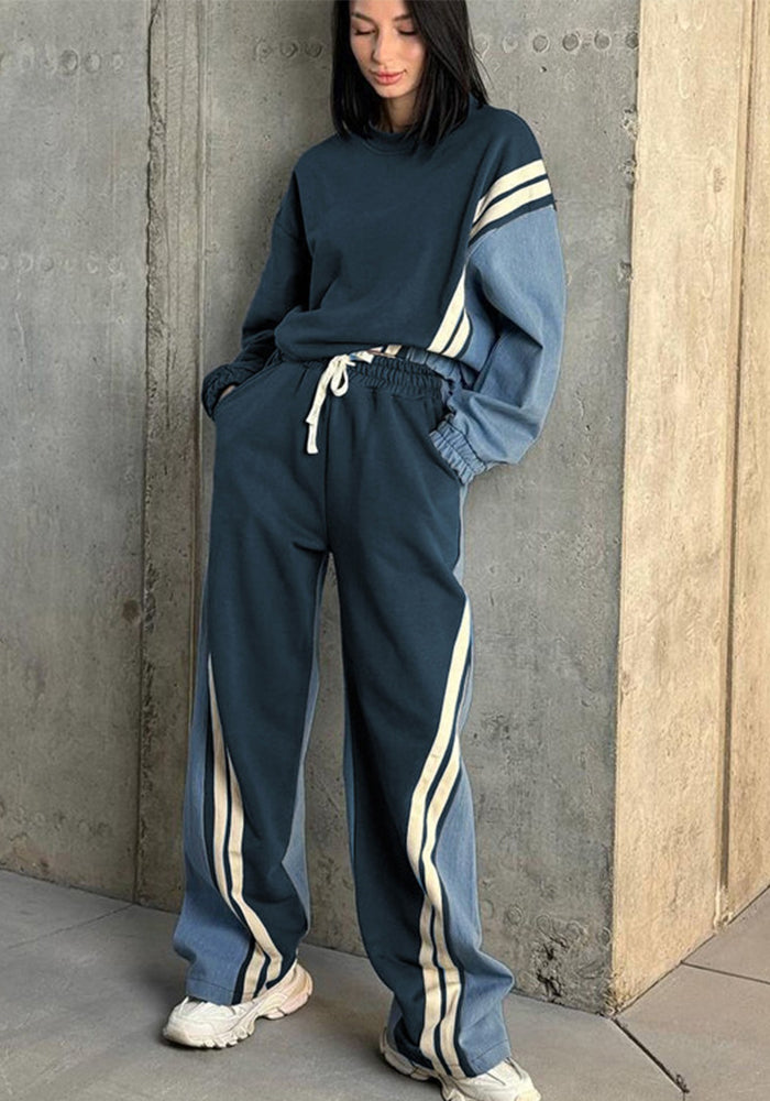 Women American sports style contrast striped top and trousers Two Piece Set 4