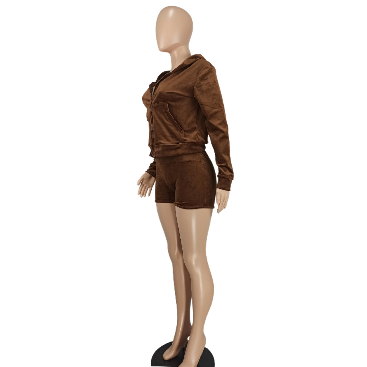Women's Fashion Casual Solid Velvet Hooded Two-Piece Shorts Set 19