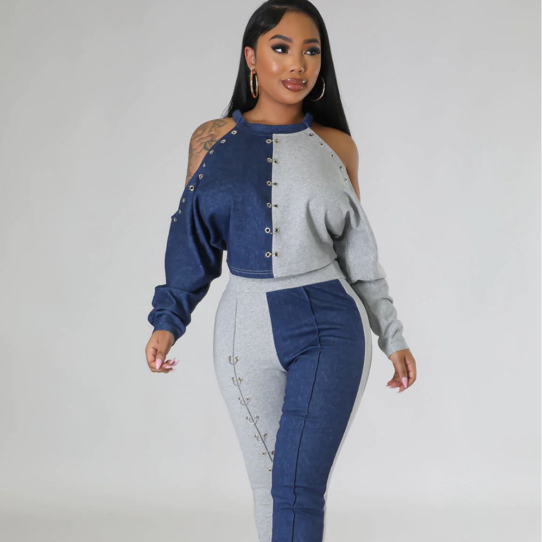 Women's Fall Shoulder Cutout Top Colorblock Metallic Trousers Casual Two Piece Set 5