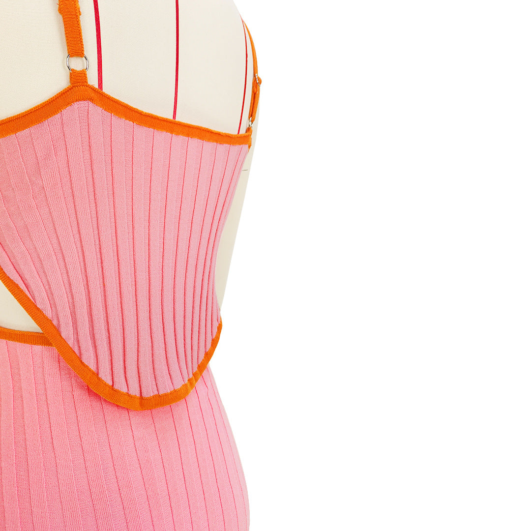 Women'S Solid Color Hollow Knitting Contrasting Color Straps Dress 16