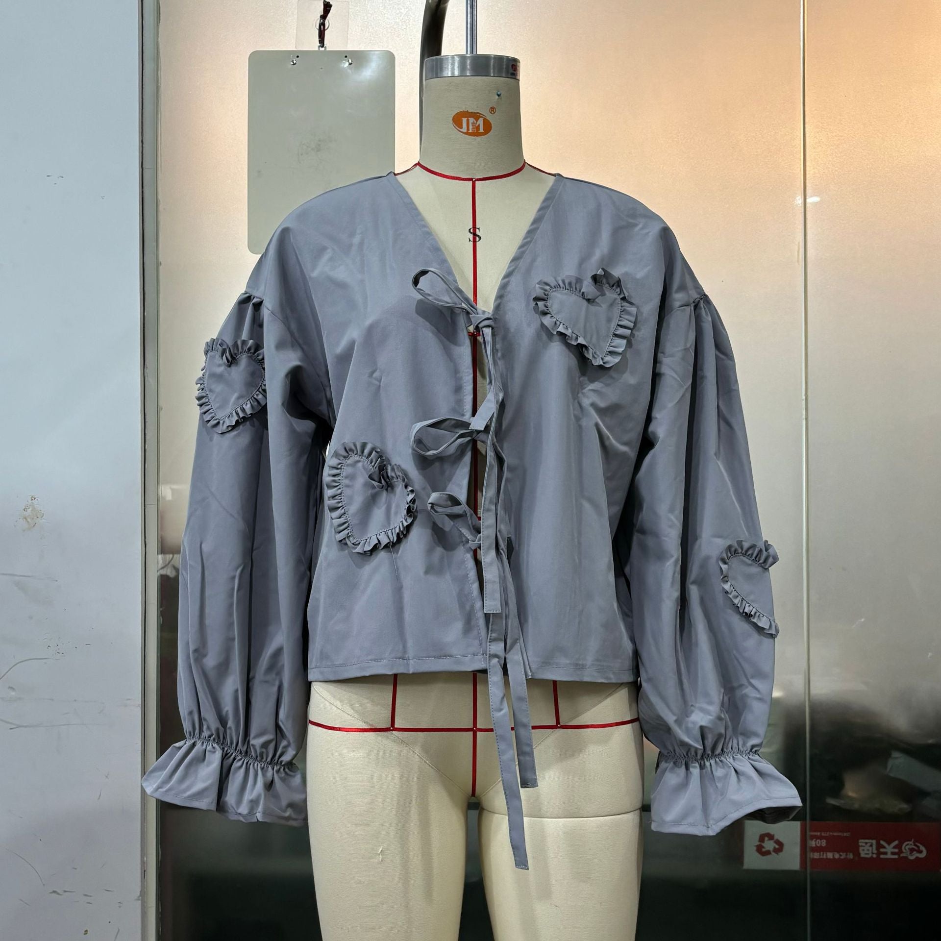 Long Sleeve Solid Color Lace-Up Tie Bow Shirt Top 10