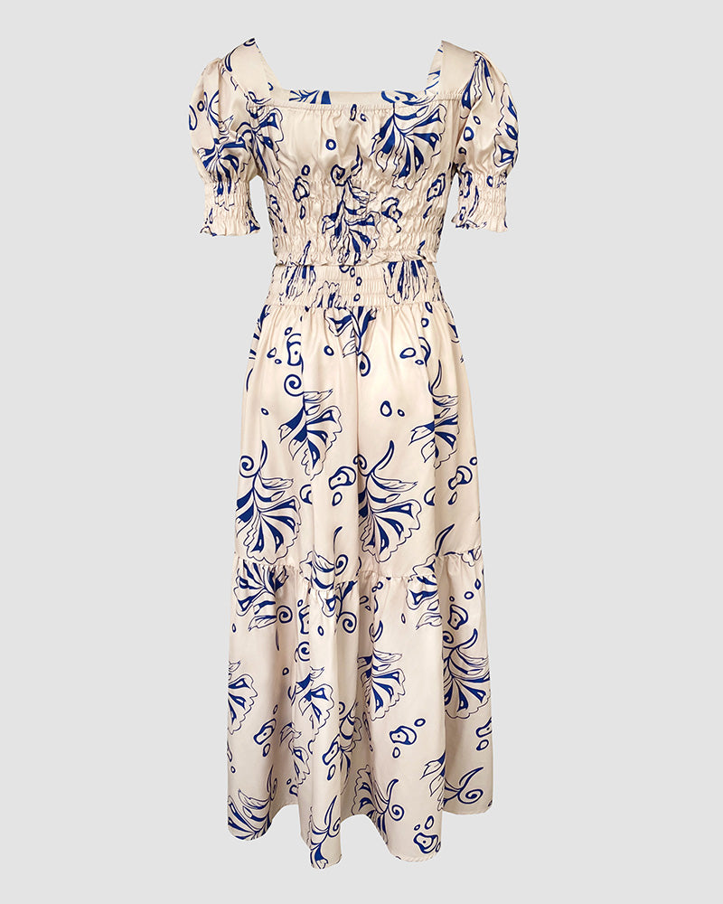 Floral Puff Sleeve Short Top & A-Line Long Skirt Set 4