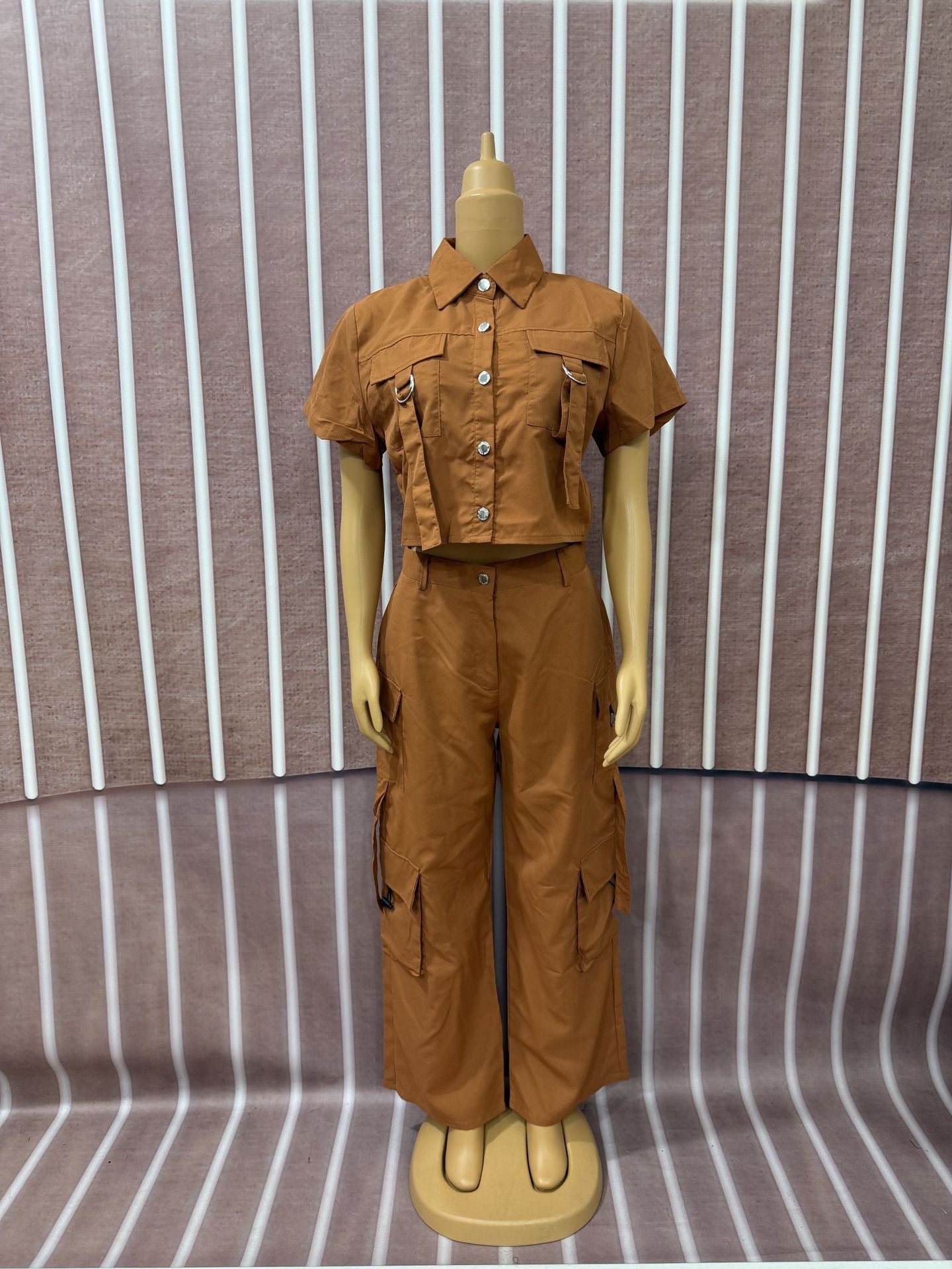 Women Ribbon Short Sleeve Top and Cargo Pants Two-Piece Set 3