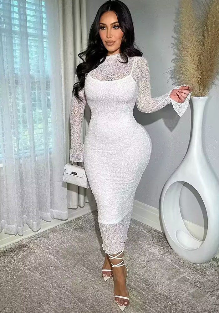 Women Lace Sleeve See-Through Sleeve Sexy Dress