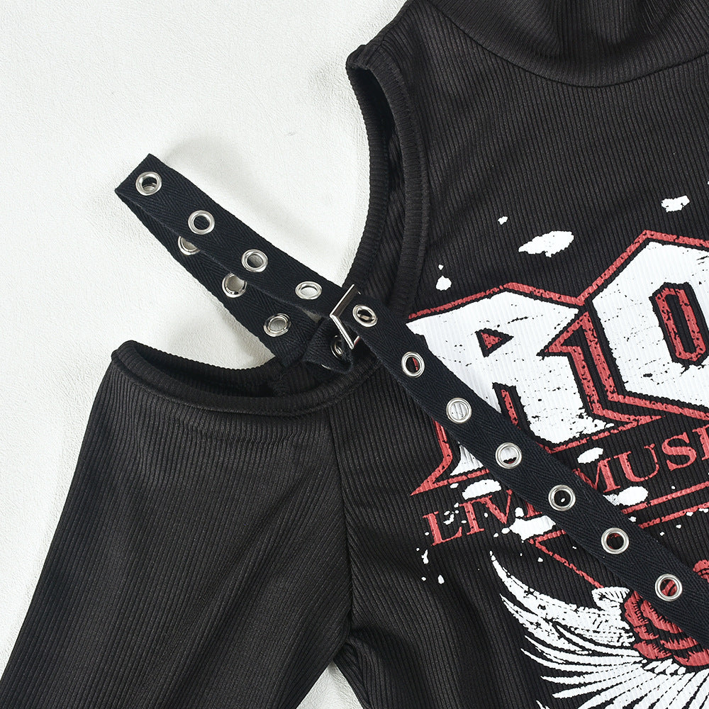 Women Spring Printed Half Turtle Neck Off Shoulder Long Sleeve Dress 13