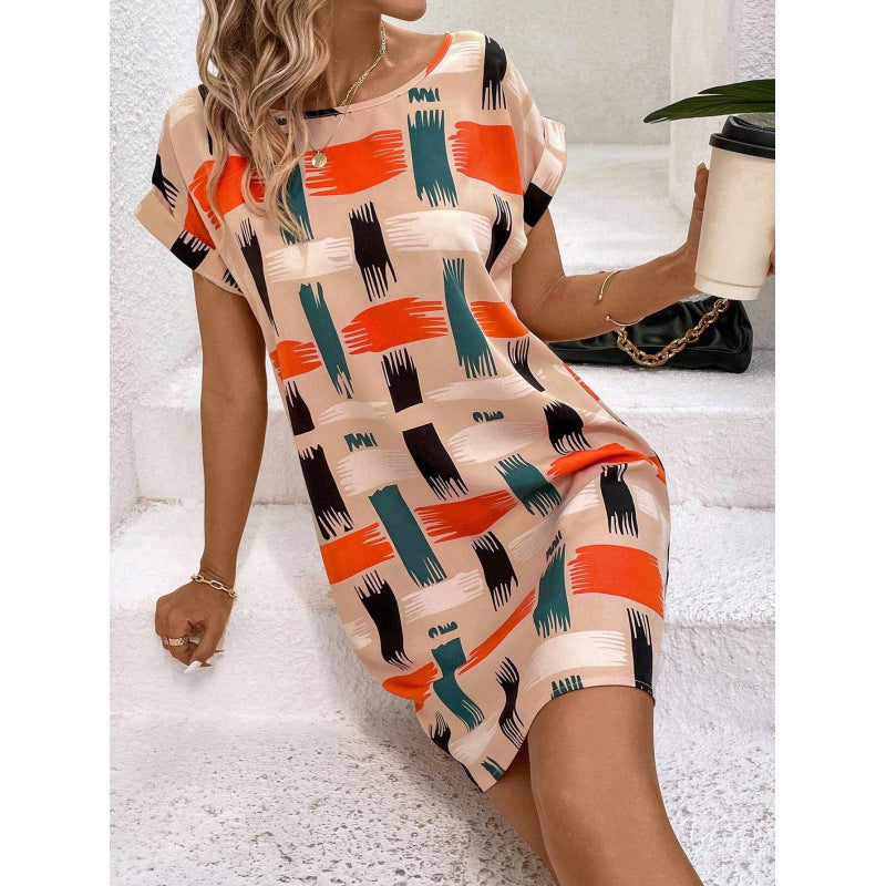 Women Summer Short-sleeved Printed Bat Sleeves Round Neck Dress 5