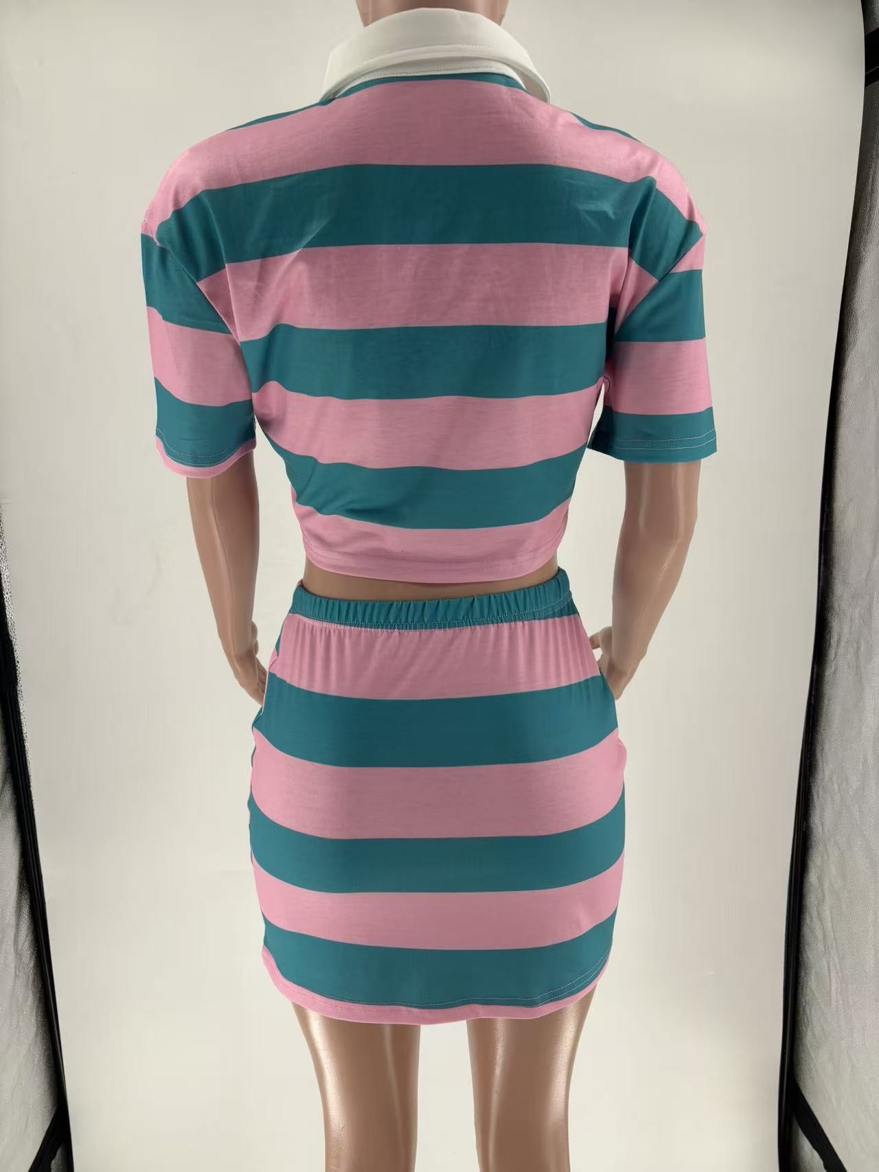 Women Autumn Contrast Striped Shirt Collar Crop Top and Skirt Two-Piece Set 8
